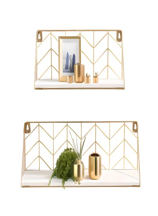 ZGZD White Versatile Wood Floating Shelf with Gold Metal Wire Frame - Stylish Wall Decor and Storage Solution for Living Room, Bedroom, Bathroom, Kitchen, Office, Set of 2 - Image 1